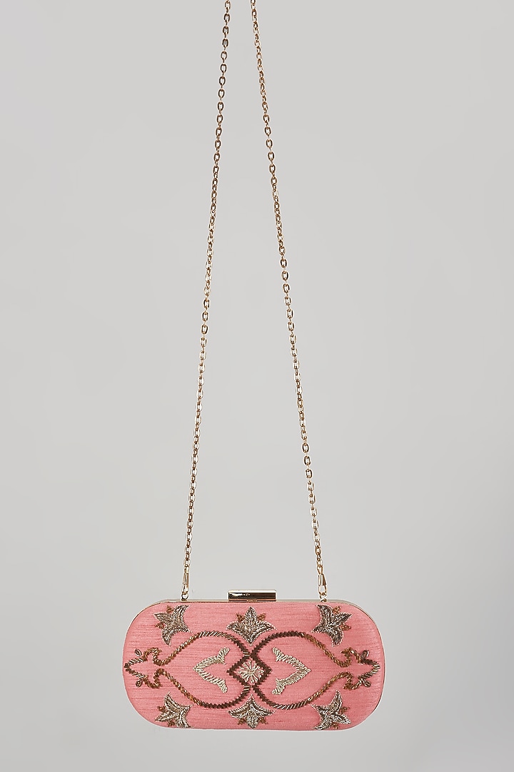 Coral Raw Silk Hand Embroidered Box Clutch by The Purple Sack at Pernia's Pop Up Shop