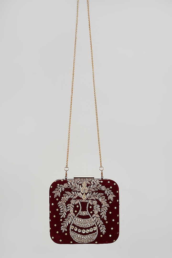 Maroon Velvet Hand Embroidered Box Clutch by The Purple Sack