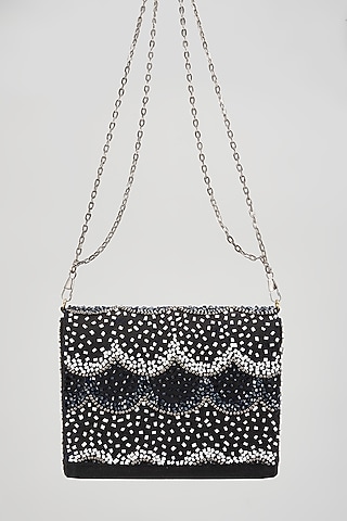 Black Raw Silk Hand Embroidered Clutch by The Purple Sack