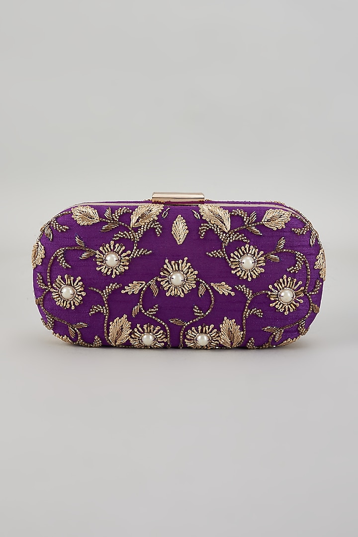Purple Raw Silk Hand Embroidered Box Clutch by The Purple Sack