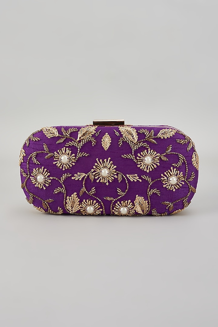 Purple Raw Silk Hand Embroidered Box Clutch by The Purple Sack at Pernia's Pop Up Shop