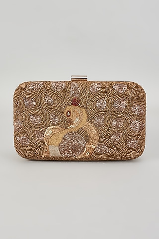 Golden Raw Silk Hand Embroidered Box Clutch by The Purple Sack