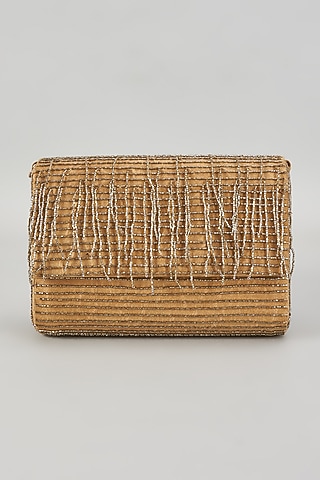 Golden Raw Silk Hand Embroidered Clutch by The Purple Sack