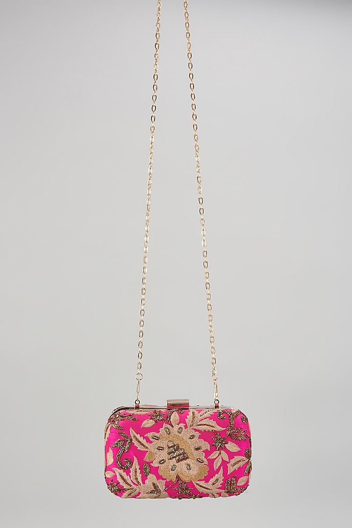 Pink Raw Silk Hand Embroidered Box Clutch by The Purple Sack at Pernia's Pop Up Shop