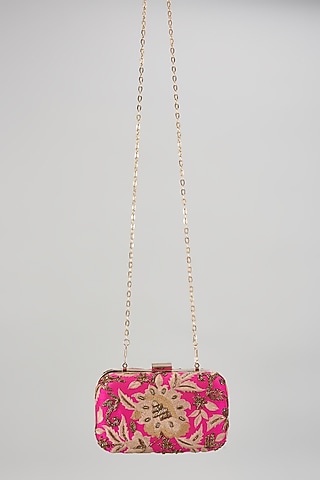 Pink Raw Silk Hand Embroidered Box Clutch by The Purple Sack