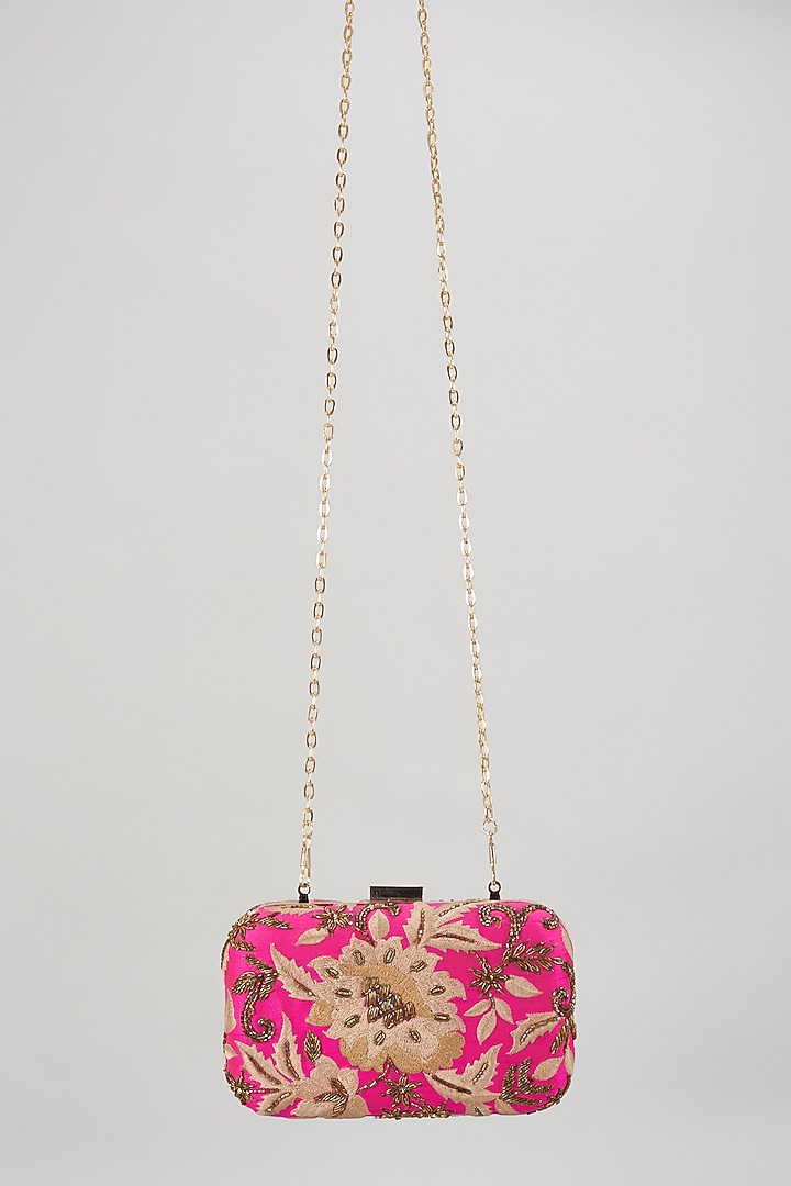 Pink Raw Silk Hand Embroidered Box Clutch by The Purple Sack at Pernia's Pop Up Shop