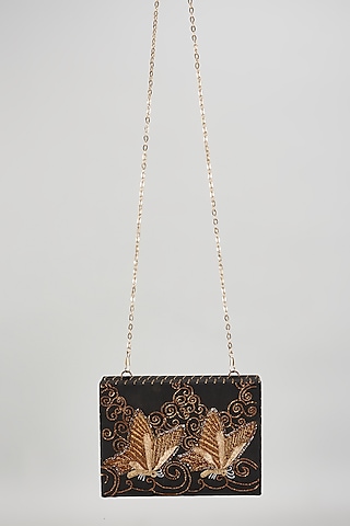 Black Raw Silk Hand Embroidered Box Clutch by The Purple Sack