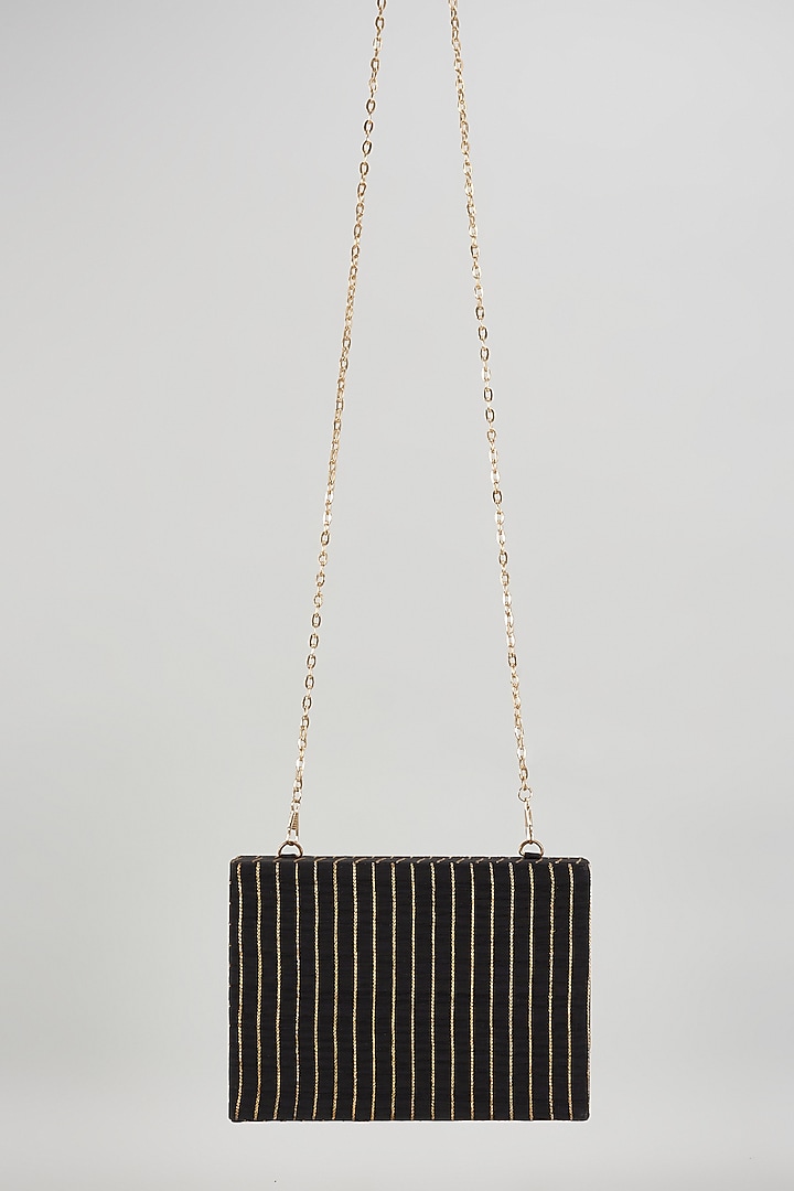 Black Raw Silk Hand Embroidered Box Clutch by The Purple Sack at Pernia's Pop Up Shop
