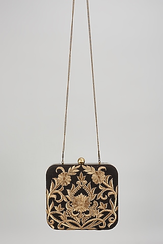 Black Raw Silk Hand Embroidered Box Clutch by The Purple Sack
