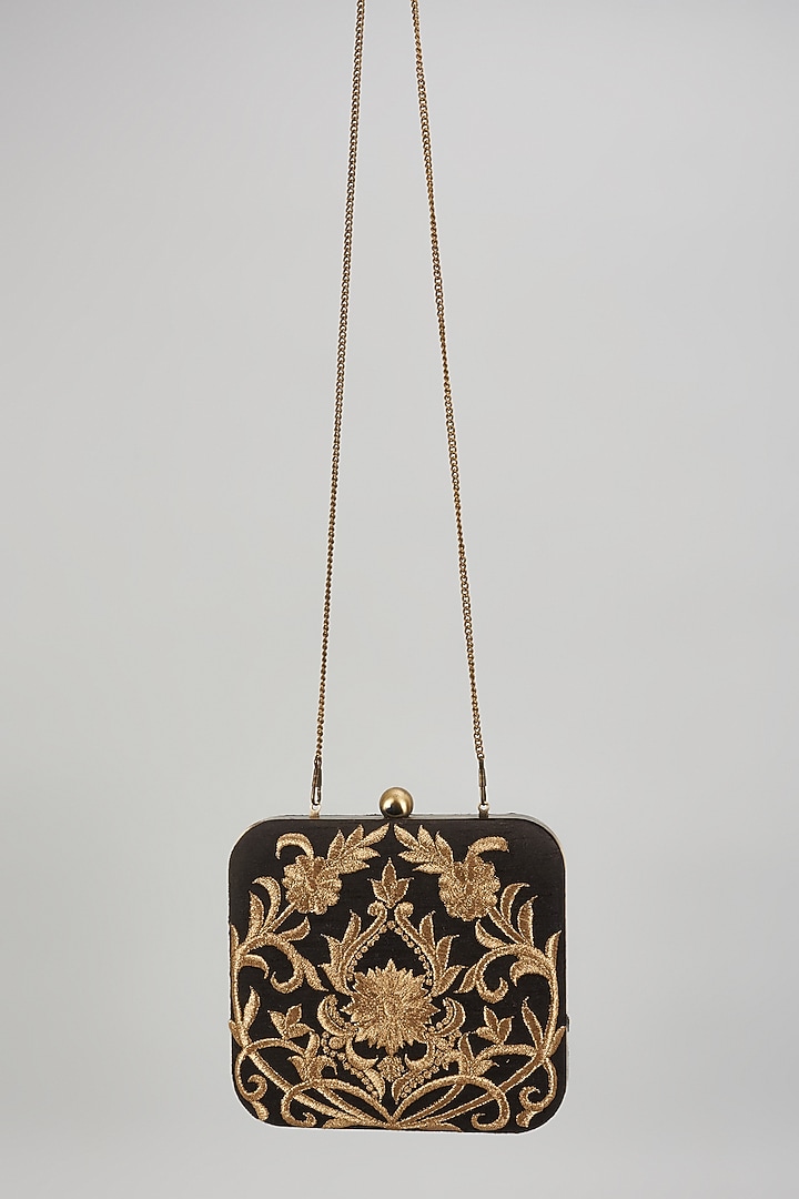 Black Raw Silk Hand Embroidered Box Clutch by The Purple Sack at Pernia's Pop Up Shop