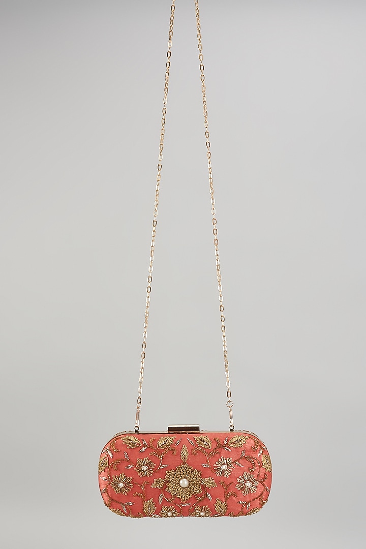 Coral Raw Silk Hand Embroidered Box Clutch by The Purple Sack at Pernia's Pop Up Shop