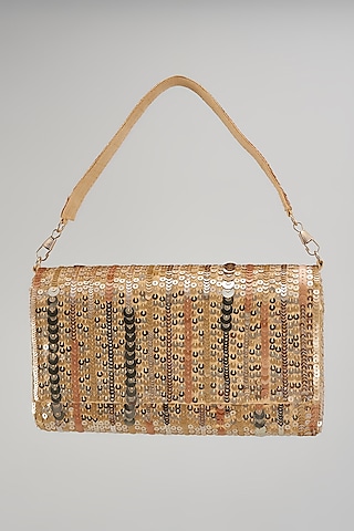 Golden Raw Silk Hand Embroidered Clutch by The Purple Sack