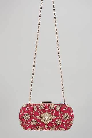 Golden Raw Silk Hand Embroidered Box Clutch by The Purple Sack