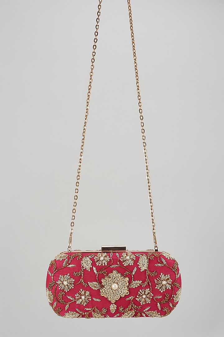 Golden Raw Silk Hand Embroidered Box Clutch by The Purple Sack at Pernia's Pop Up Shop