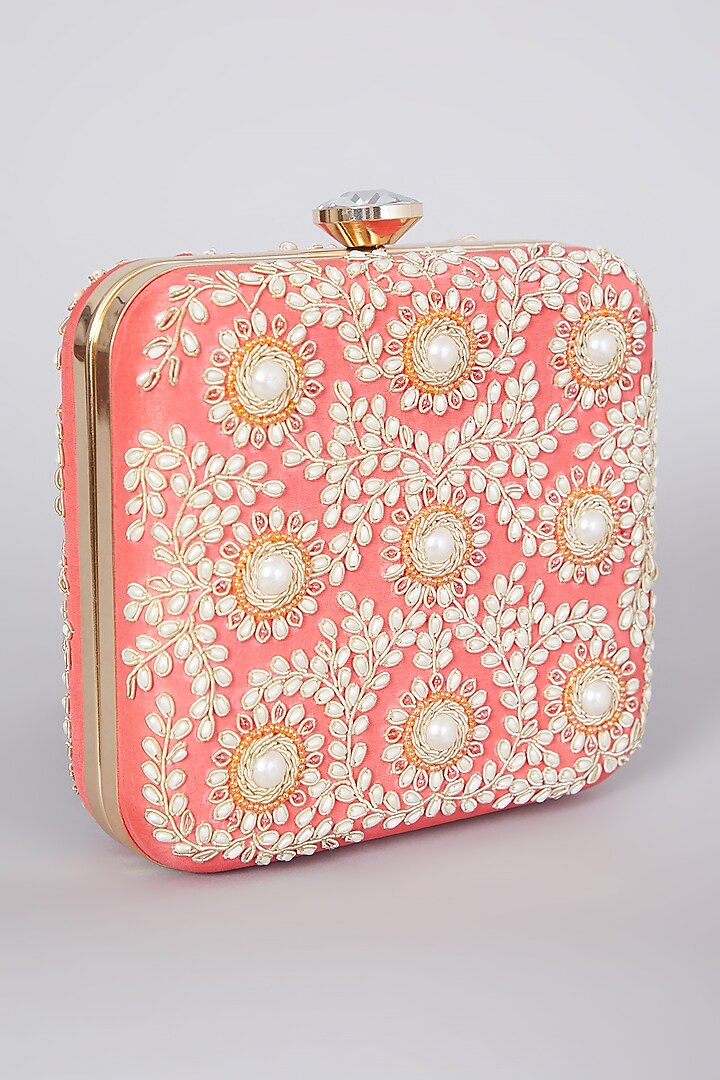 Coral Hand Embroidered Raw Silk Potli by The Purple Sack at Pernia's Pop Up Shop