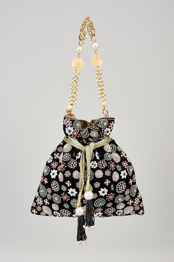 Black Velvet Zardosi Floral Hand Embroidered Potli by The Pink Potli at Pernia's Pop Up Shop