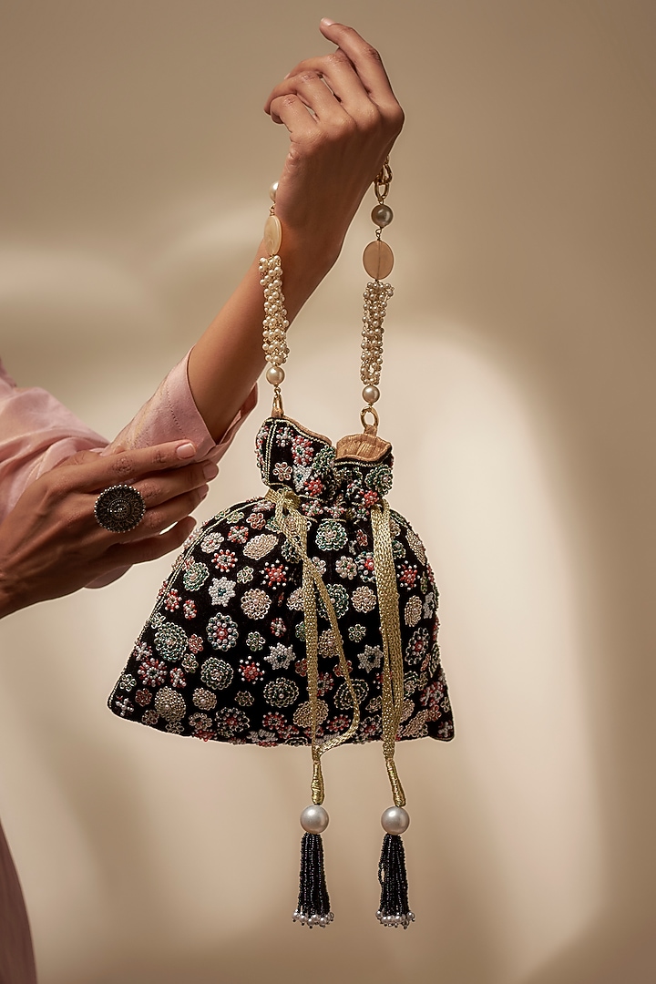 Black Velvet Zardosi Floral Hand Embroidered Potli by The Pink Potli at Pernia's Pop Up Shop