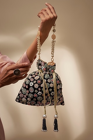 Black Velvet Zardosi Floral Hand Embroidered Potli by The Pink Potli