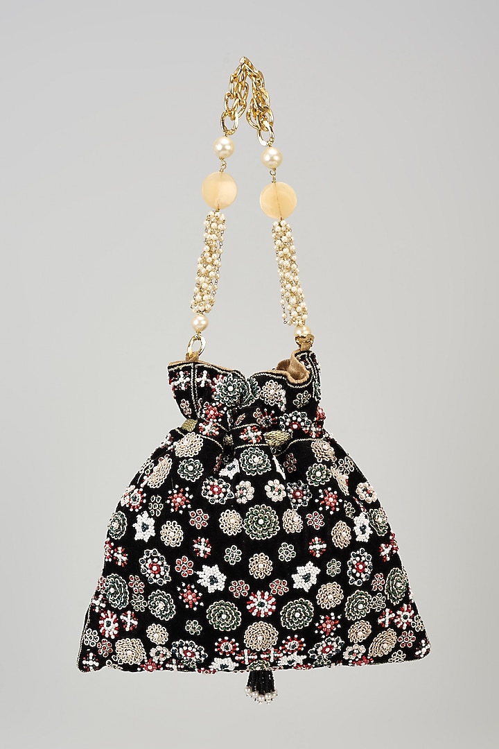 Black Velvet Zardosi Floral Hand Embroidered Potli by The Pink Potli at Pernia's Pop Up Shop