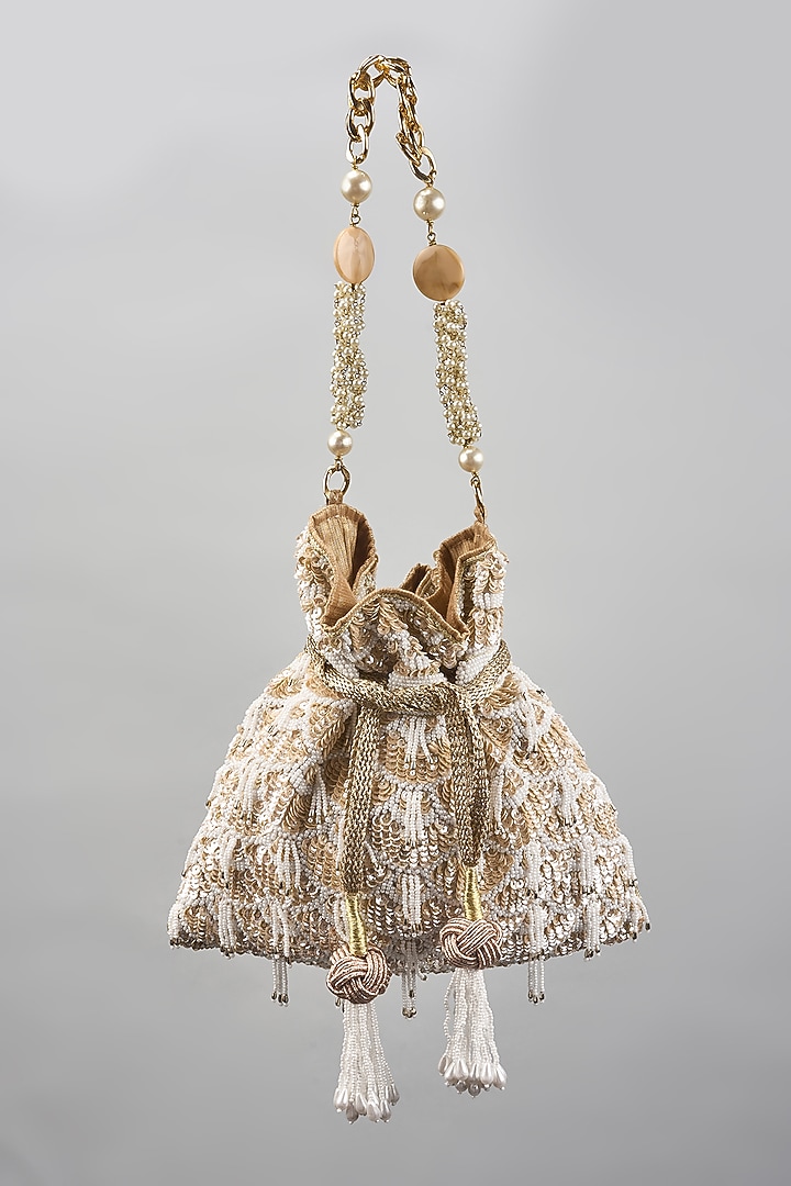 Beige Gold Blended Silk Bead Hand Embroidered Potli by The Pink Potli at Pernia's Pop Up Shop