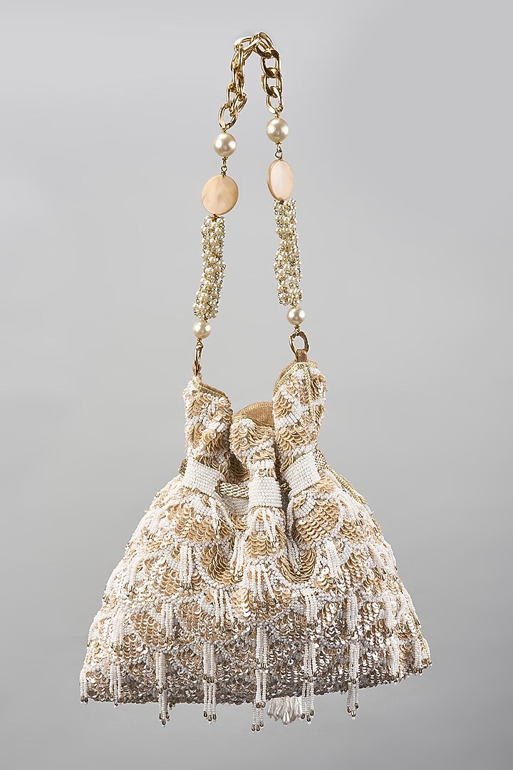 Beige Gold Blended Silk Bead Hand Embroidered Potli by The Pink Potli at Pernia's Pop Up Shop