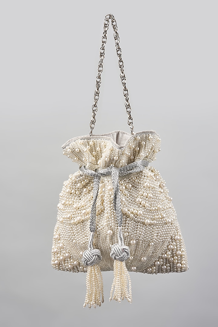 White Blended Silk Pearl Hand Embroidered Potli by The Pink Potli at Pernia's Pop Up Shop