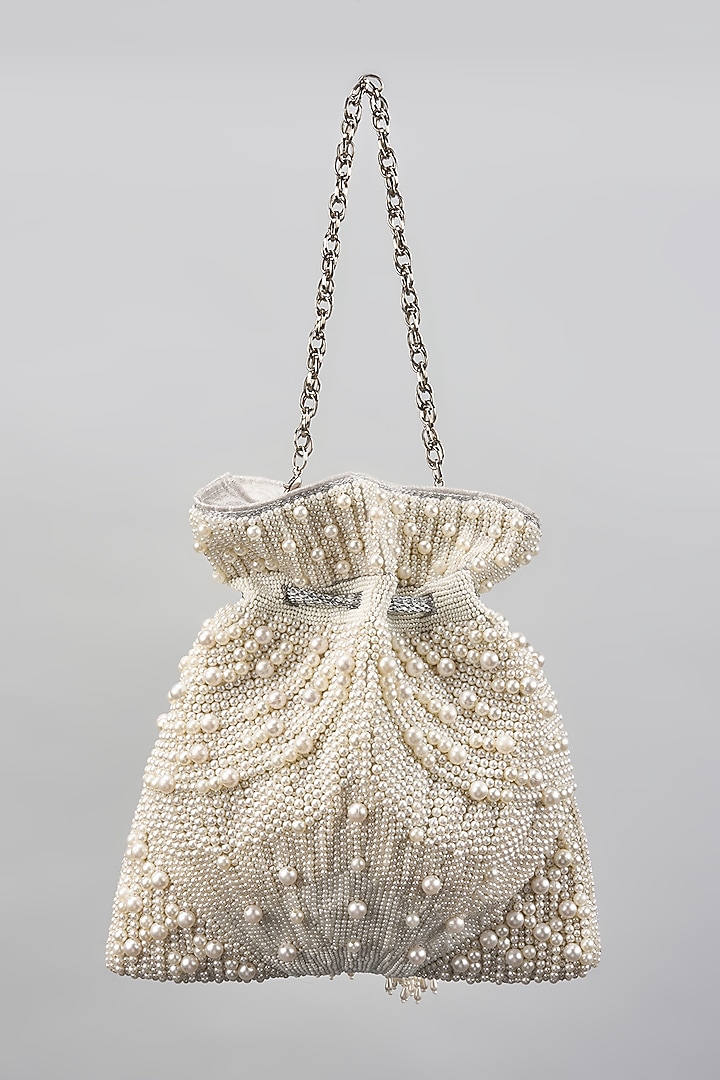 White Blended Silk Pearl Hand Embroidered Potli by The Pink Potli at Pernia's Pop Up Shop