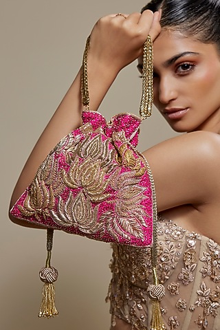 Pink & Gold Raw Silk Zardosi Embroidered Potli by The Pink Potli