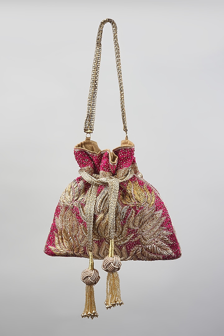 Pink & Gold Raw Silk Zardosi Embroidered Potli by The Pink Potli at Pernia's Pop Up Shop