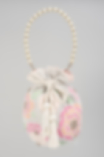 White Embroidered Bag With Pearl Chain by The Pink Potli at Pernia's Pop Up Shop