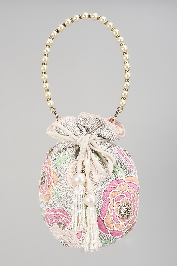 White Embroidered Bag With Pearl Chain by The Pink Potli at Pernia's Pop Up Shop