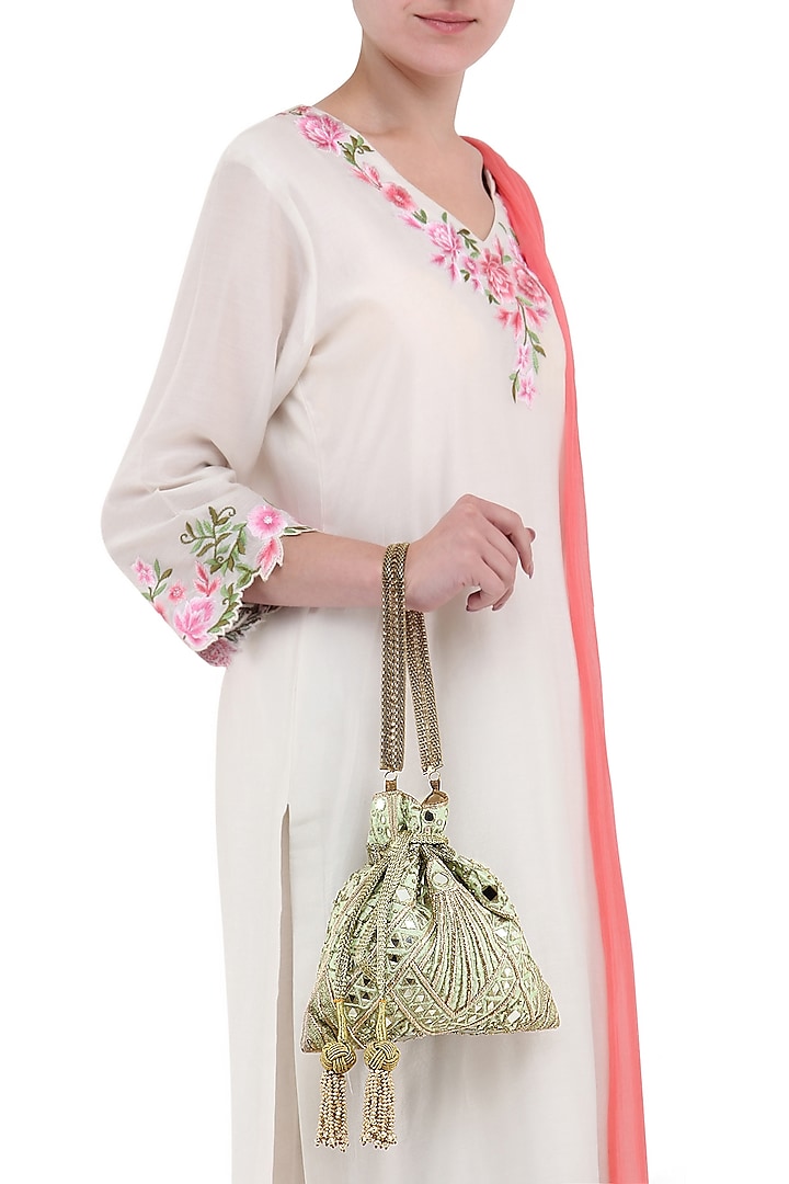 Mint green hand embroidered potli bag available only at Pernia's Pop Up Shop.
