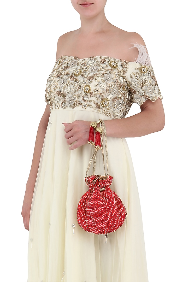 Red beads embroidered potli bag available only at Pernia's Pop Up Shop.