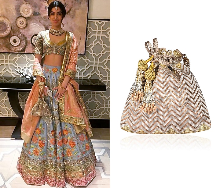 The Pink Potli presents Silver and gold zig zag embroidered potli bag available only at Pernia's Pop Up Shop.