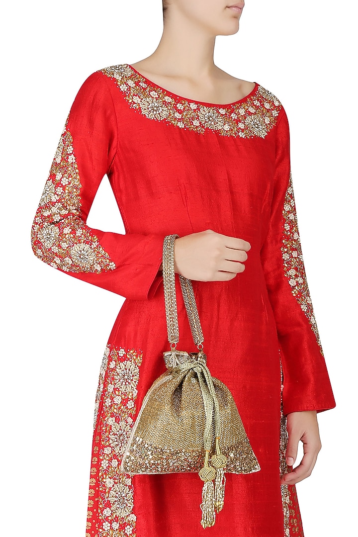 The Pink Potli presents Gold embroidered reversible potli bag available only at Pernia's Pop Up Shop.