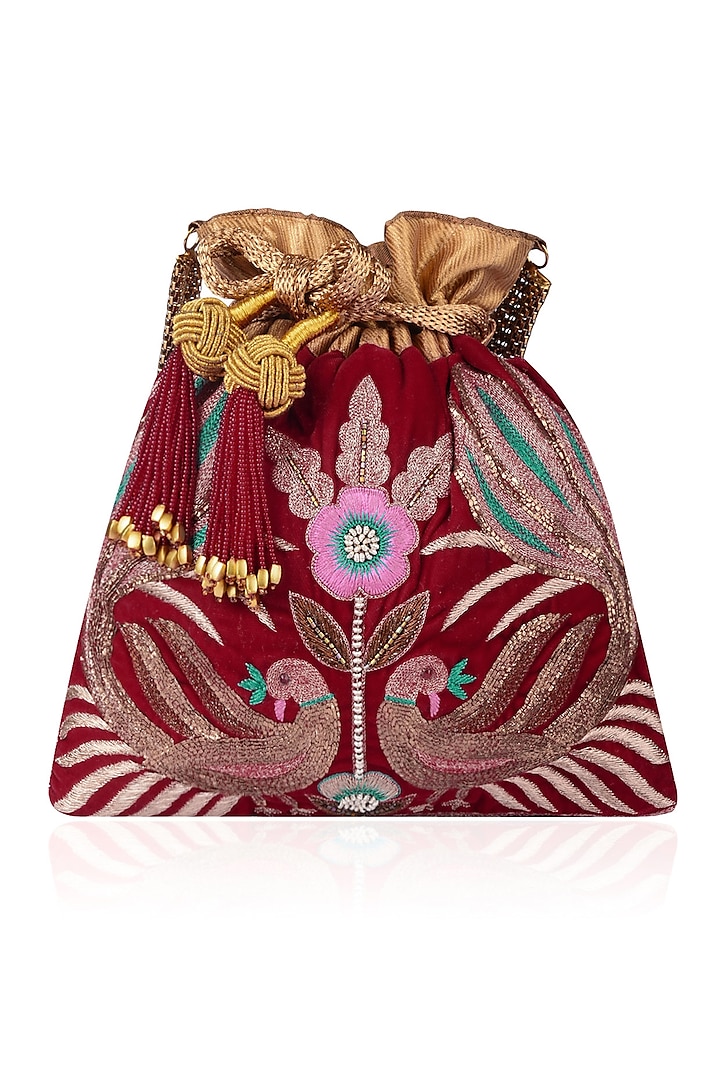 Maroon Hand Embroidered Peacock Design Velvet Potli Bag by The Pink Potli