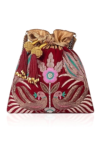Maroon Hand Embroidered Peacock Design Velvet Potli Bag by The Pink Potli