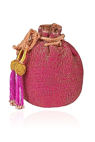 Pink Hand Embroidered Bead Brocade Potli Bag by The Pink Potli