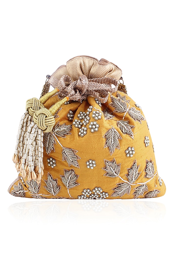 Mustard Hand Embroidered Zardozi and Pearl Brocade Potli Bag by The Pink Potli