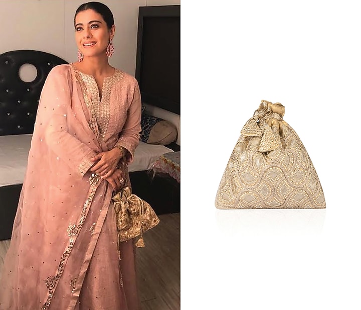 The Pink Potli presents Gold zardozi and stone work potli bag available only at Pernia's Pop Up Shop.