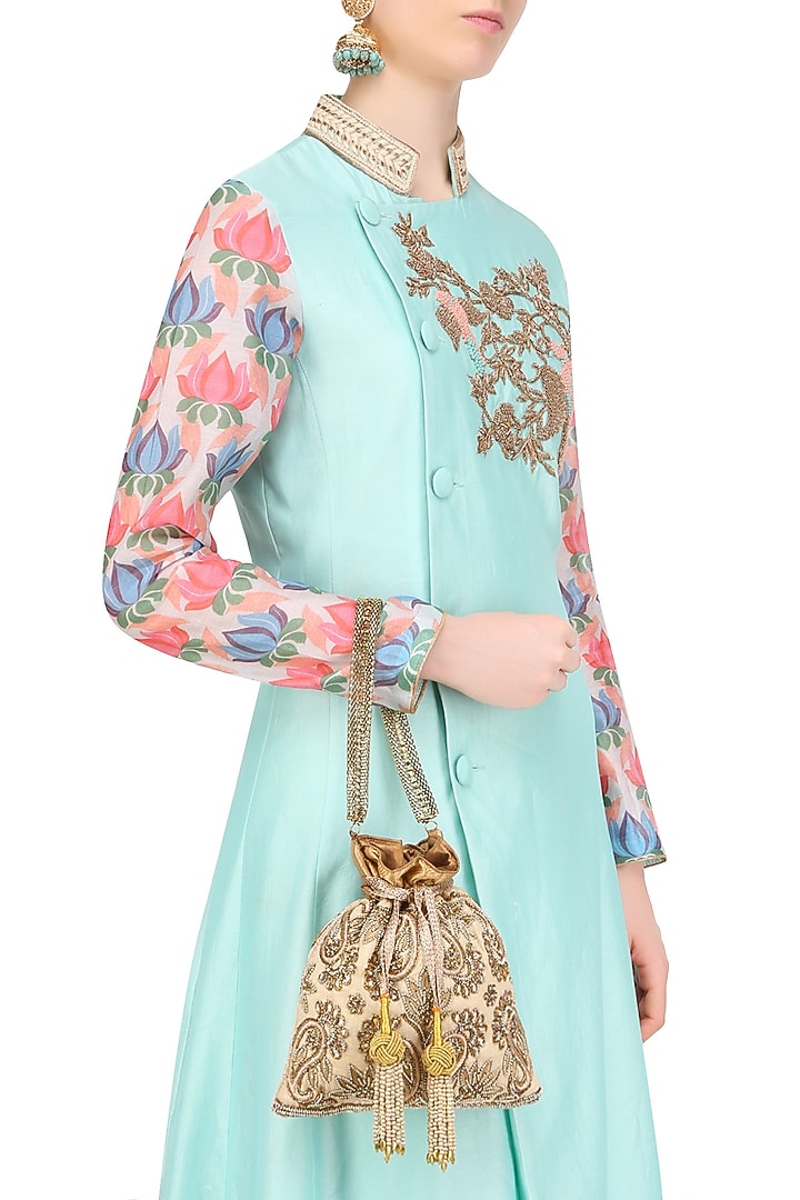 The Pink Potli presents Gold zardozi paisley paradise brocade potli bag available only at Pernia's Pop Up Shop.