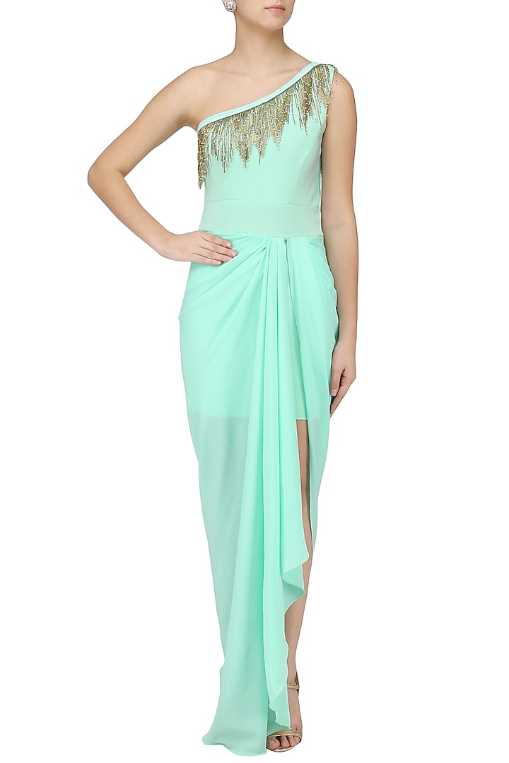 Seafoam one shoulder tasseled gown available only at Pernia's Pop Up Shop.