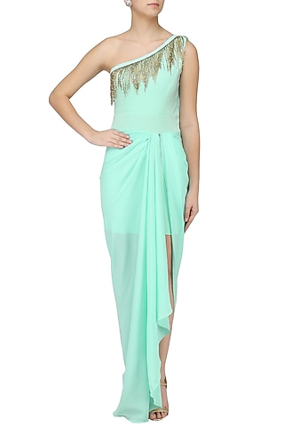 Seafoam One Shoulder Tasseled Gown by Tanya Patni