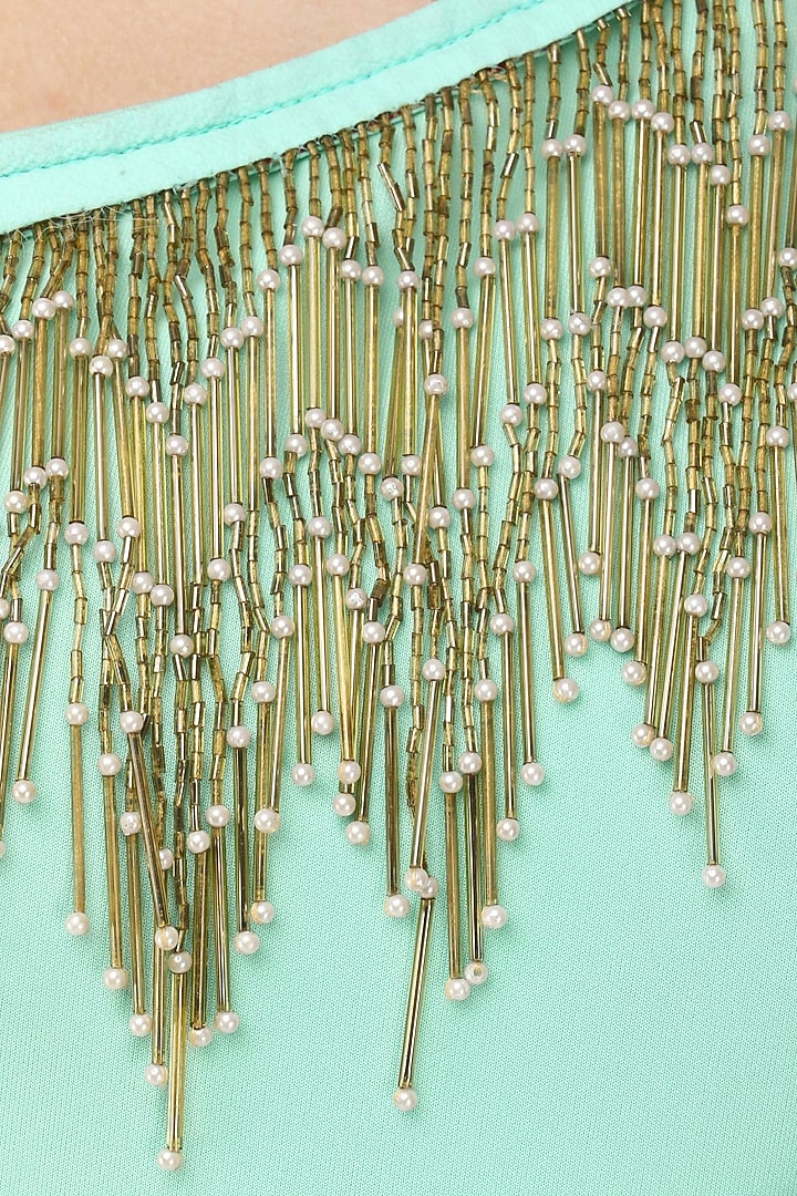Seafoam one shoulder tasseled gown available only at Pernia's Pop Up Shop.