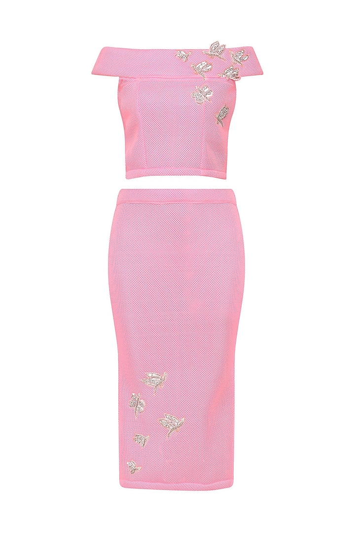 Pink Embroidered Crop Top With Pencil Skirt Set by Tanya Patni