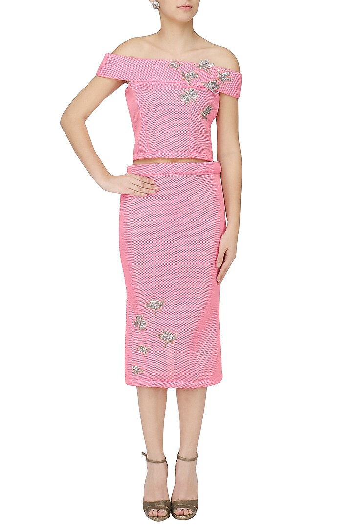 Pink embroidered crop top with pencil skirt set available only at Pernia's Pop Up Shop.