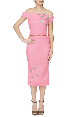 Pink Embroidered Crop Top With Pencil Skirt Set by Tanya Patni