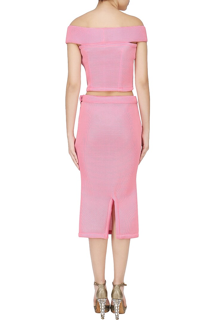 Pink embroidered crop top with pencil skirt set available only at Pernia's Pop Up Shop.