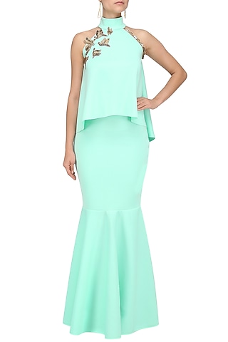 Seafoam Embroidered Crop Top and Skirt by Tanya Patni