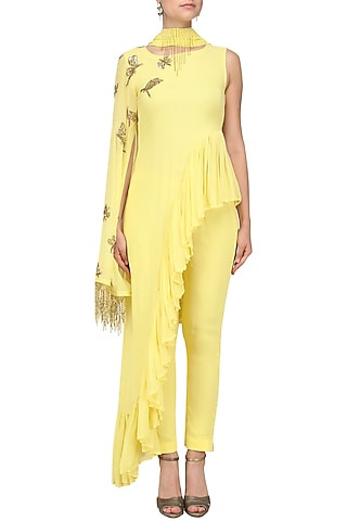 Soft Yellow Frilled Peplum Tunic and Pants by Tanya Patni